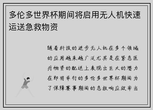 多伦多世界杯期间将启用无人机快速运送急救物资